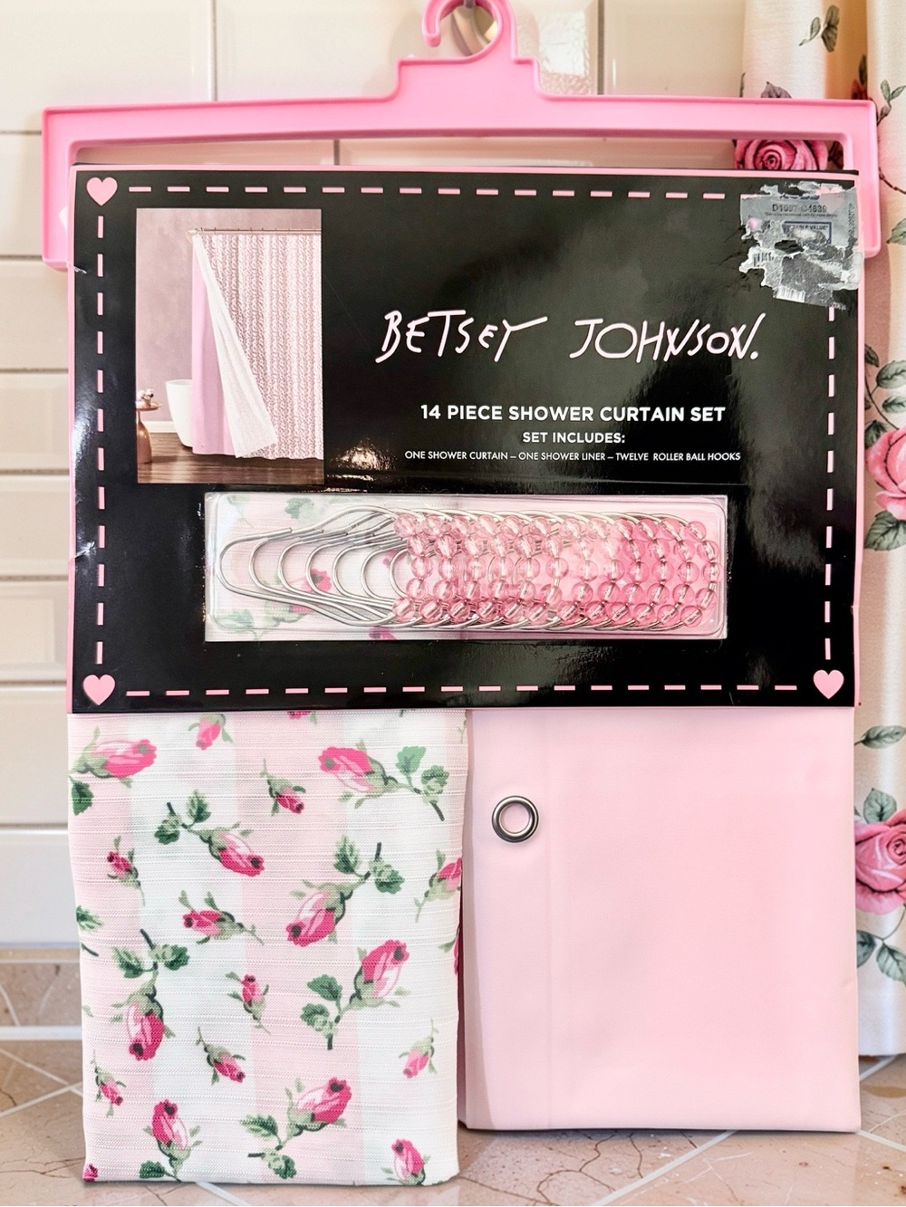 Betsey Johnson Pink rose bud 14-Piece Shower Curtain Set rare style cottage core